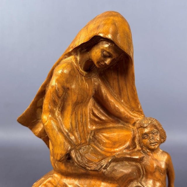 Brown 20th Century Sacred Sculpture Madonna with Child in Carved Wood by Bethlehem Amir, 1950s For Sale - Image 8 of 14