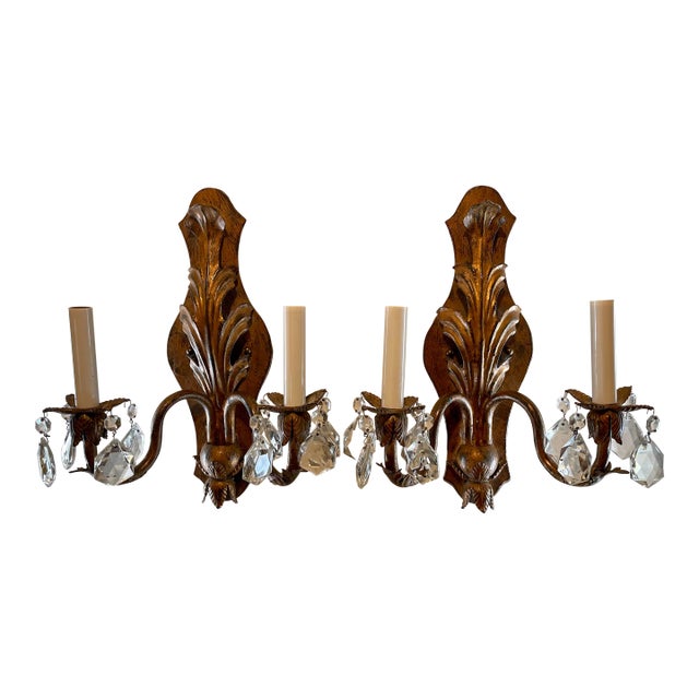 Pair Handmade Gilt Iron and Crystal Sconces Two Pairs Available For Sale