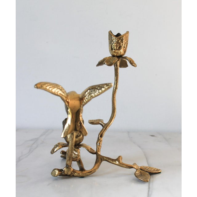 1990s Vintage Brass Floral and Hummingbird Candle Holder For Sale - Image 5 of 8