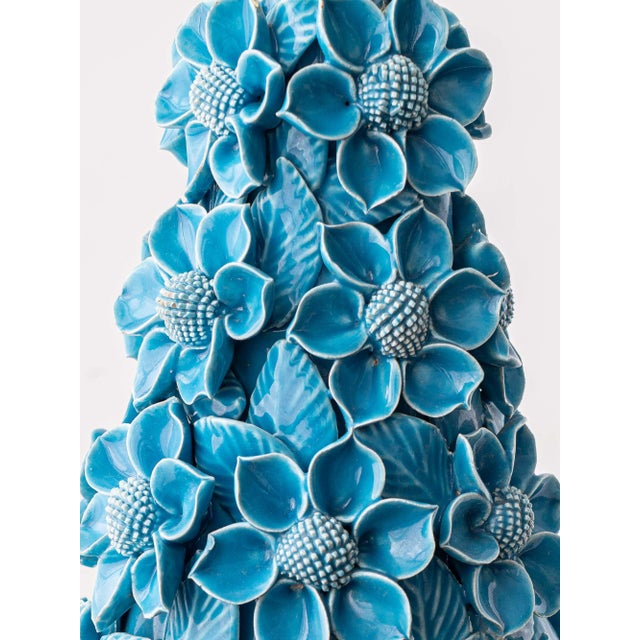 Hand-Carved Turquoise Floral Ceramic Table Lamp with Silk Lampshade from Manises, Spain, 1960s For Sale - Image 15 of 16