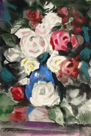 Erik Freyman, Red and White Flowers, Watercolor With Pastel