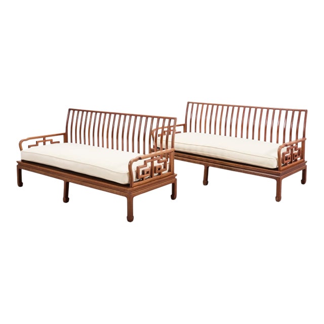 Pair of Michael Taylor Style Ming Inspired Hardwood Sofas For Sale