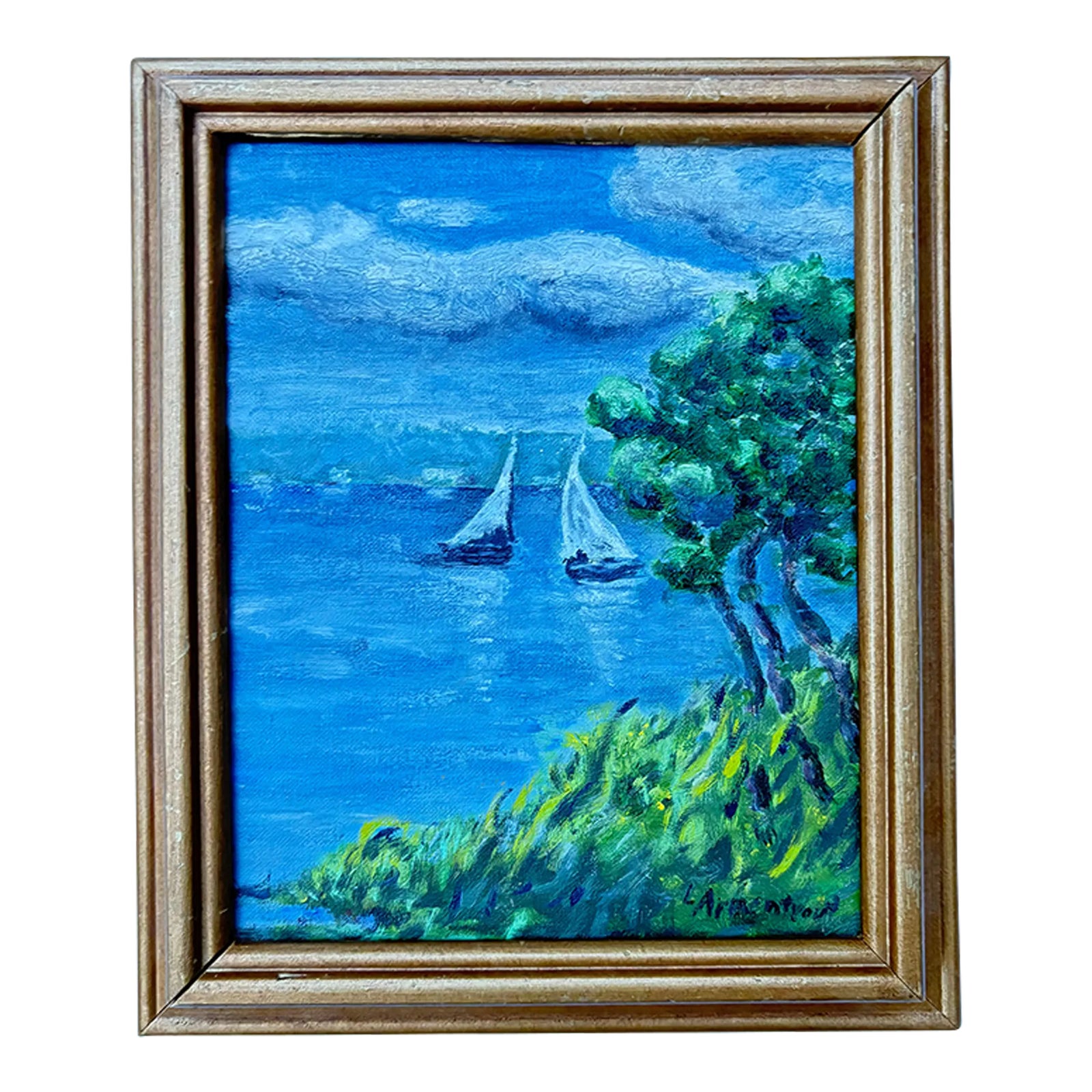 油彩画 Twin Moorings Duvall Late 20th Century Original Oil Twin Sails on Canvas, Signed by