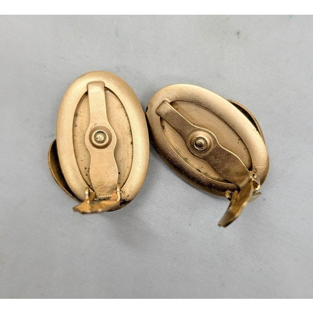 Metal Vintage 1950s Signed Napier Goldtone Cabochon Faux-Turquoise Clip Earrings-2 Pieces For Sale - Image 7 of 8
