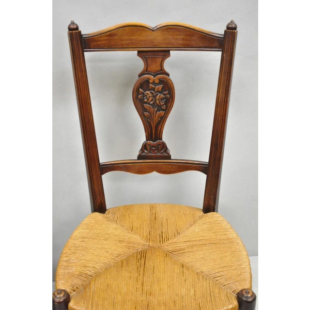 Antique William & Mary Style Carved Walnut Rose Rush Seat Side Chairs - A Pair For Sale In Philadelphia - Image 6 of 11
