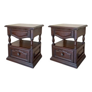 20th Century Pair of Solid Carved Spanish Nightstands with Two drawers For Sale