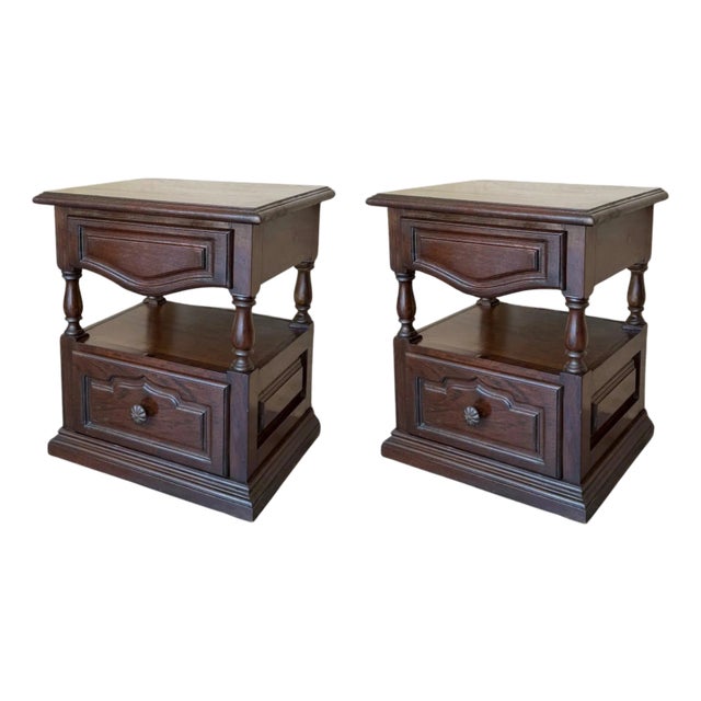 20th Century Pair of Solid Carved Spanish Nightstands with Two drawers For Sale