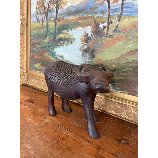 Black Vintage Hand-Carved Wooden Water Buffalo Sculpture With Textured Detailing. For Sale - Image 8 of 8