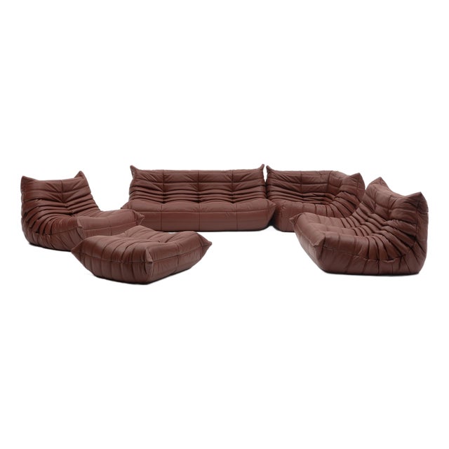 Vintage Ligne Roset Togo 5-Piece Lounge Set in Auburn Leather - Restored & Authentic For Sale