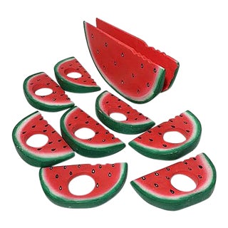 Vintage Watermelon Slice Napkin Rings & Holder - Set of 9 For Sale