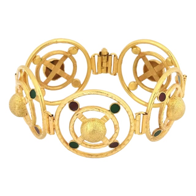 Estate 22k Yellow Gold Enamel Large Fancy Ring Link Bracelet For Sale