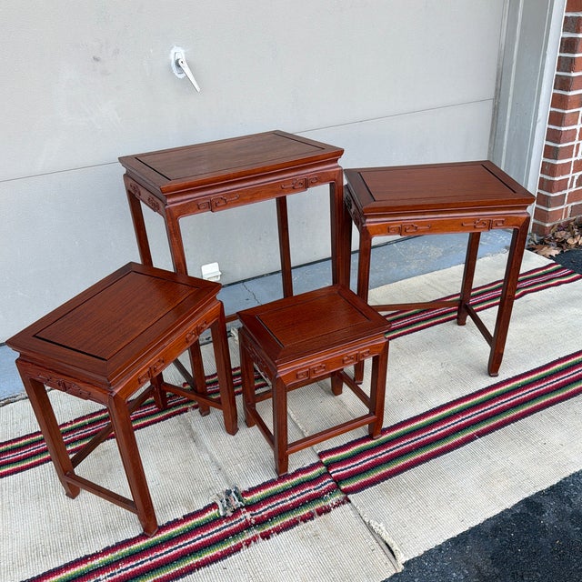 1960s A Very Nice Set of 4 Vintage Chinoiserie Mahogany Nesting Tables, Circa 1960's For Sale - Image 5 of 12