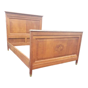 Early 20th Century Arts and Craft Marquetry Inlaid Quatersawn Oak Double Bed