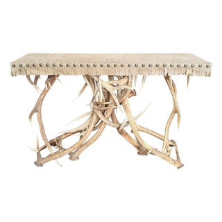 Elk Antler Console Table With Leather Top For Sale