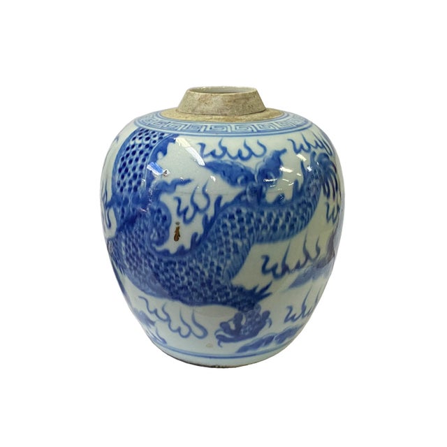 Oriental Handpaint Dragon Small Blue White Porcelain Ginger Jar For Sale - Image 4 of 5