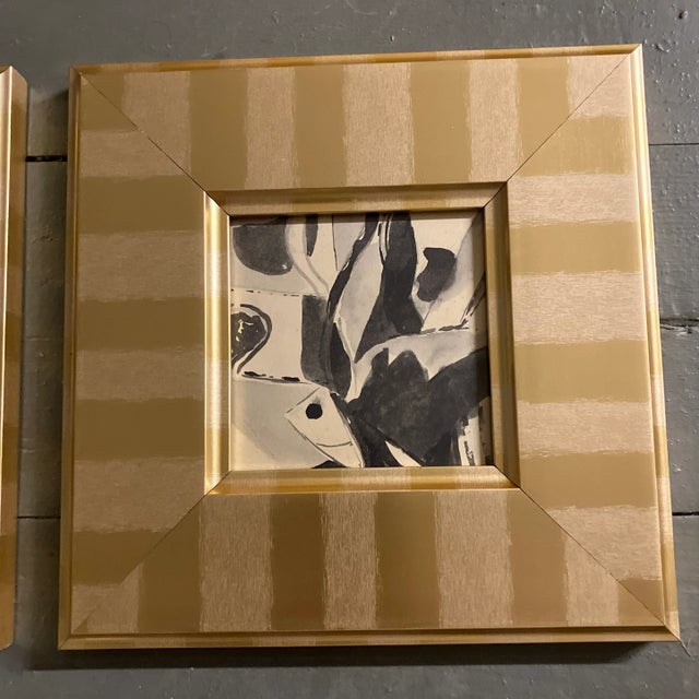 Abstract 1970’s Original Small Abstract Watercolor Paintings -Gilt Striped Frames-A Pair For Sale - Image 3 of 4