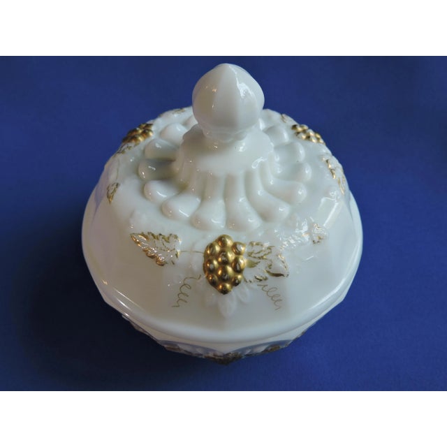 Westmoreland Glass Vintage 1950's Westmoreland Milk Glass Gilded Paneled Grape Round Covered Candy Dish For Sale - Image 4 of 9