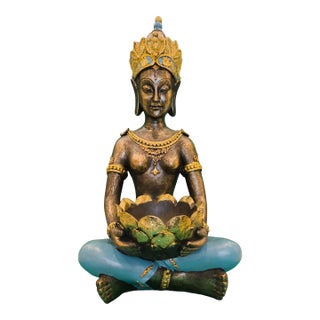 Large Hand-Painted Seated Asian Deity Figure – With Lotus Bowl and Glitter Accents For Sale