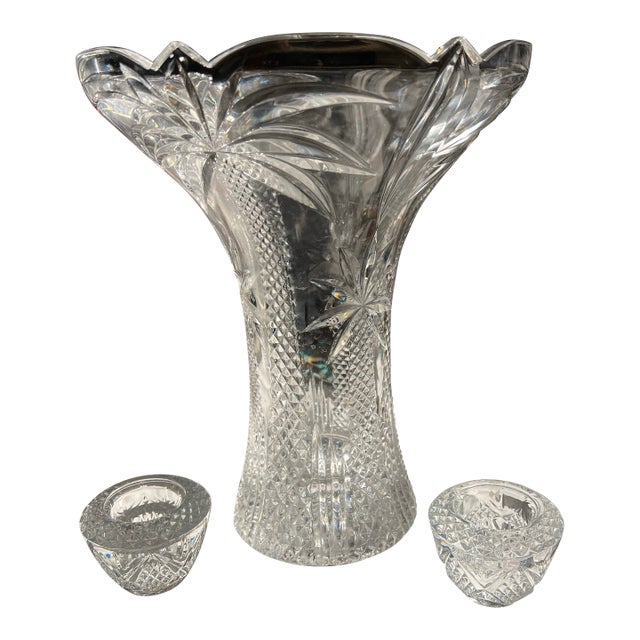 Set of 3, 1970s Crystal Collection of Palm Tree Vase and Candlestick Holders For Sale