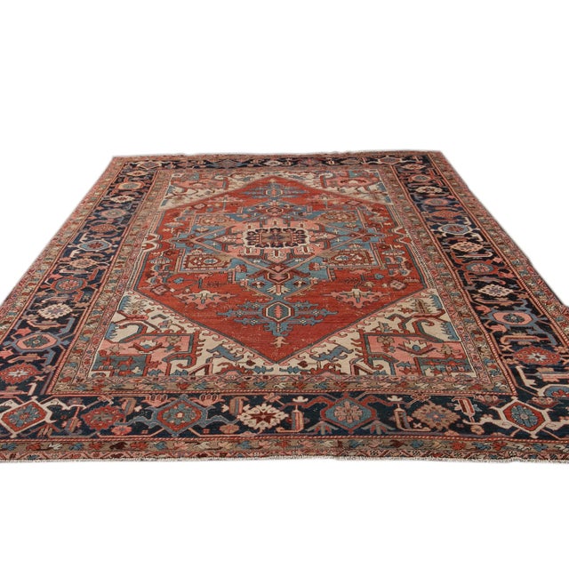 Traditional Antique Serapi Red Handmade Medallion Floral Wool Rug For Sale - Image 3 of 8