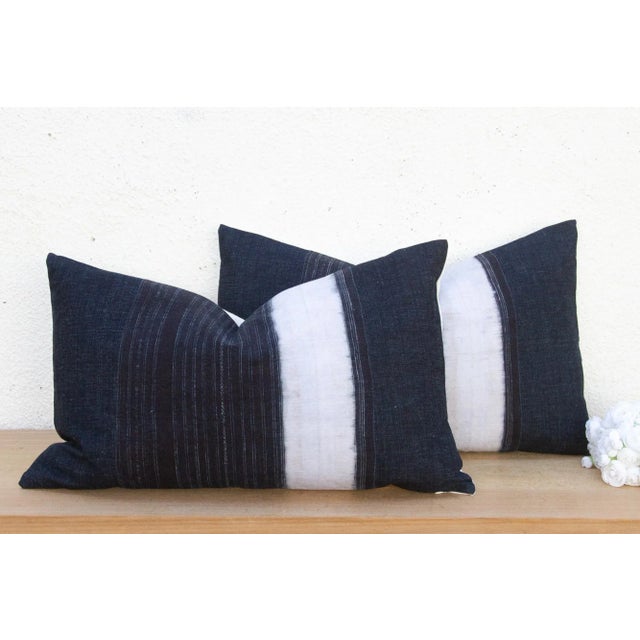Boho Chic Indigo & White Vintage Hmong Lumbar Pillows, Pair For Sale - Image 3 of 8