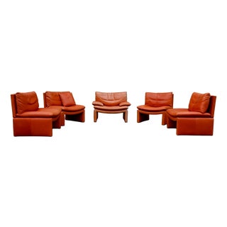Series 5 Lounge Chairs in Cognac Orange Leather, 1970s, Set of 5 For Sale