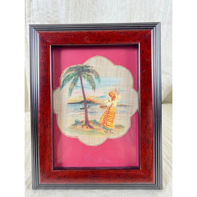 Mid 20th Century Vintage Tropical Burlap Folk Art Gallery Wall, Set of Six Framed Hand-Painted Village Scenes For Sale - Image 5 of 12