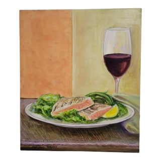 Still Life Wine and Salmon on Canvas Board by Cynthia Geyer For Sale