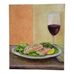 Still Life Wine and Salmon on Canvas Board by Cynthia Geyer