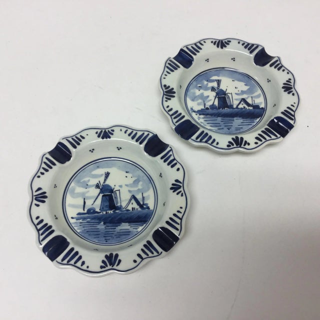 Mid 20th Century Vintage Delft Hand Painted Blue & White Petite Ashtrays - A Pair For Sale - Image 5 of 5