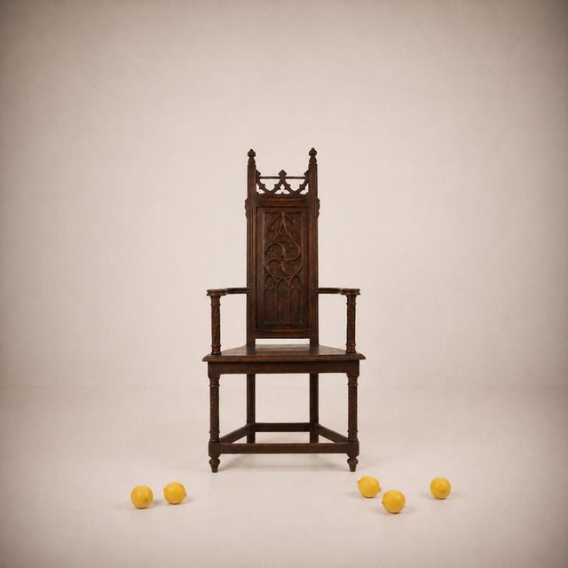 High medieval style armchair france, circa 1900 carved wood h. 51.2" (17.7" seat) × w. 20.5" × d. 17.3