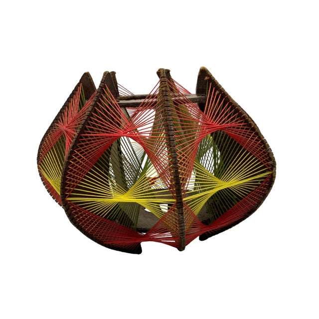 Vintage String Art Pendant, Wood, Cotton in Orange/Red, Green, Yellow, 1970s For Sale - Image 4 of 9