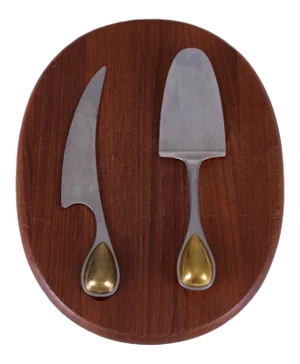 Vintage Vivianna Torun Bulow-Hube for Dansk Cheese Knife, Cake Server, and Teak Cutting Board