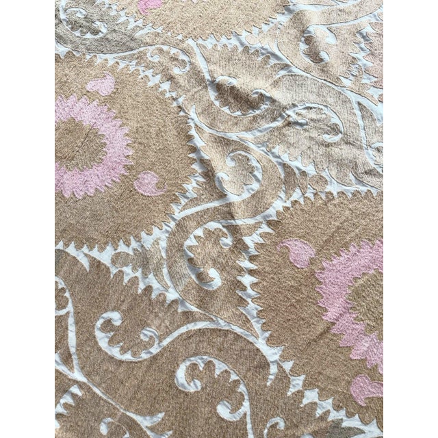 Hand-Embroidered Large Neutral Tan Suzani Bedspread For Sale - Image 9 of 9