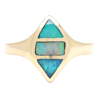Opal Inlay Navette Ring, 14k Yellow Gold, Ring Size 6 For Sale