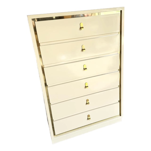 Postmodern Cream Laminate Highboy Dresser With Gold Accents For Sale