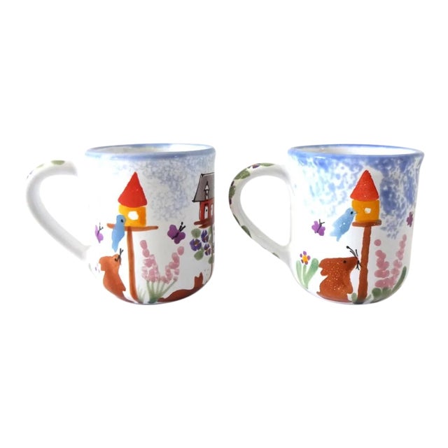 Vintage Hand-Painted Mugs With Bunnies & Birds - a Pair For Sale
