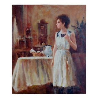 Mid-20th Century Signed J. Viss - Woman With Coffee Cup, Oil on Canvas For Sale