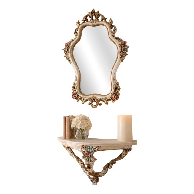 Vintage Baroque Floral Ornate Wall Mirror with Console Shelf, 1970s, Set of 2 For Sale
