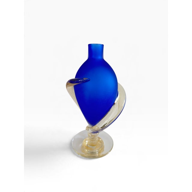 1980s Signed Marino Santi Murano Blue Glass Vase For Sale - Image 11 of 15