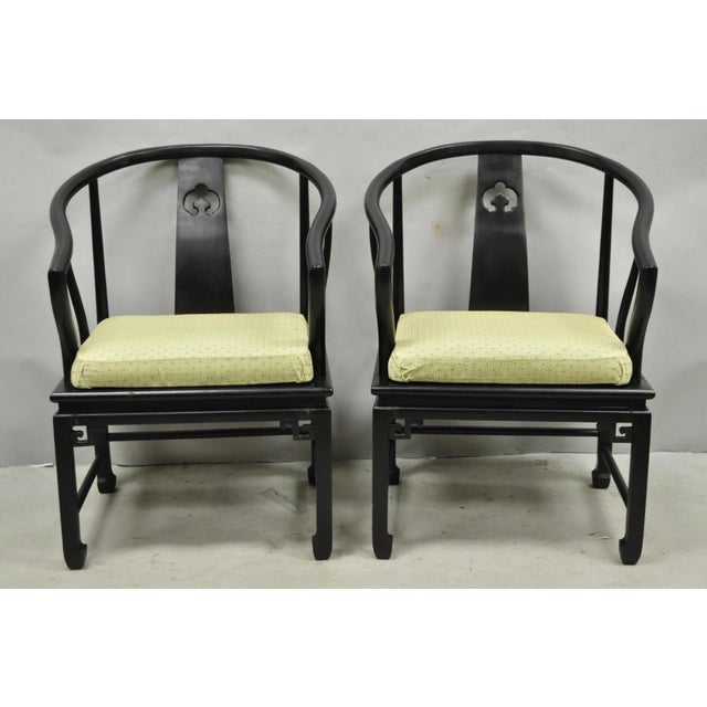 Vintage Oriental Ming Style Ebonized Black Lacquer Horseshoe Lounge Chairs by Century with Lightly Distressed Finish (B) -...