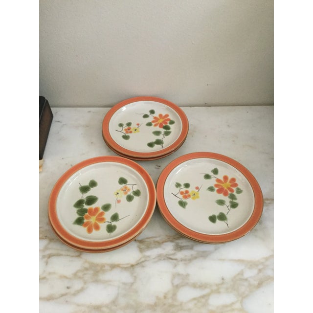 1980s Set of 6 Hand-Painted Peach Blossom Dinner Plates by Casual Classics Stoneware Bring timeless charm to your table...