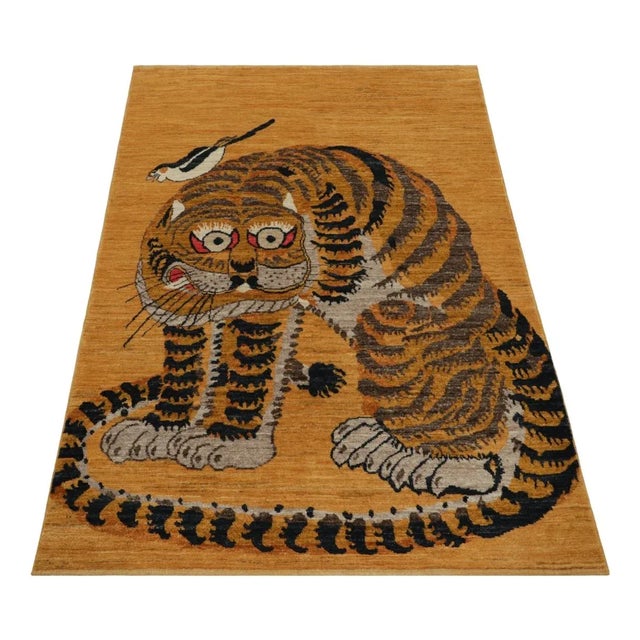 2010s Rug & Kilim’s Contemporary Pictorial Rug, Tiger Design in Gold and Black For Sale - Image 5 of 8