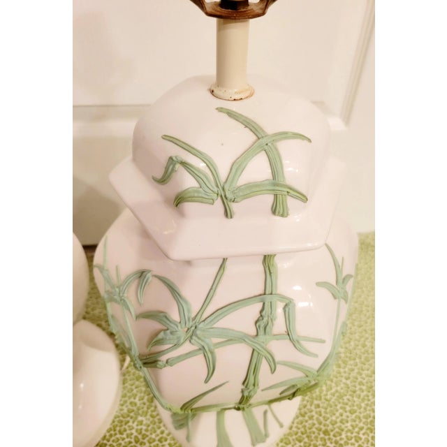 1970s Vintage White Green Ginger Jar Frosted Bamboo Ceramic Table Lamps- a Pair For Sale - Image 5 of 9