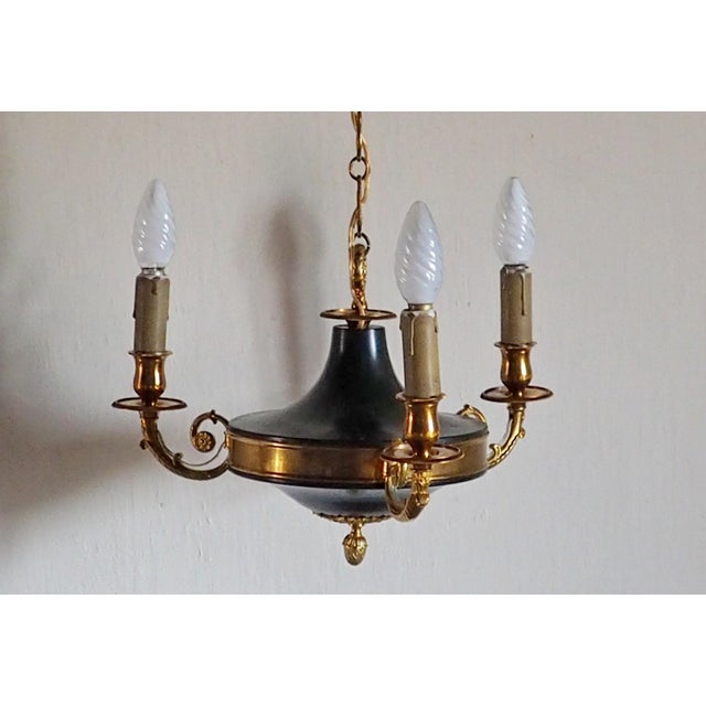 Metal Vintage French Empire 3-Arm Brass Dark Green Tole Chandelier, 1960s For Sale - Image 7 of 16