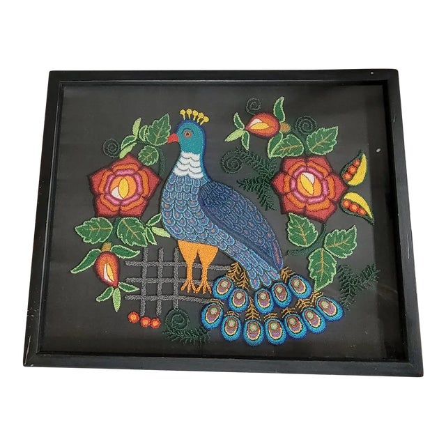 Vintage French Knot Crewel Embroidery Framed Peacock Bird For Sale