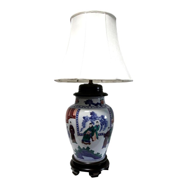 Monumental Mid 20th Century Collectible Hand Painted Temple Jar Lamp on