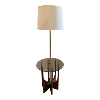 Vintage Mid Century Walnut and Brass Sculptural Floor Lamp With Glass Table For Sale