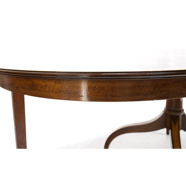 Charak Lacquered Mahogany Banded Round Dining Table w/ 2 Leaves Inlaid Legs For Sale - Image 9 of 13