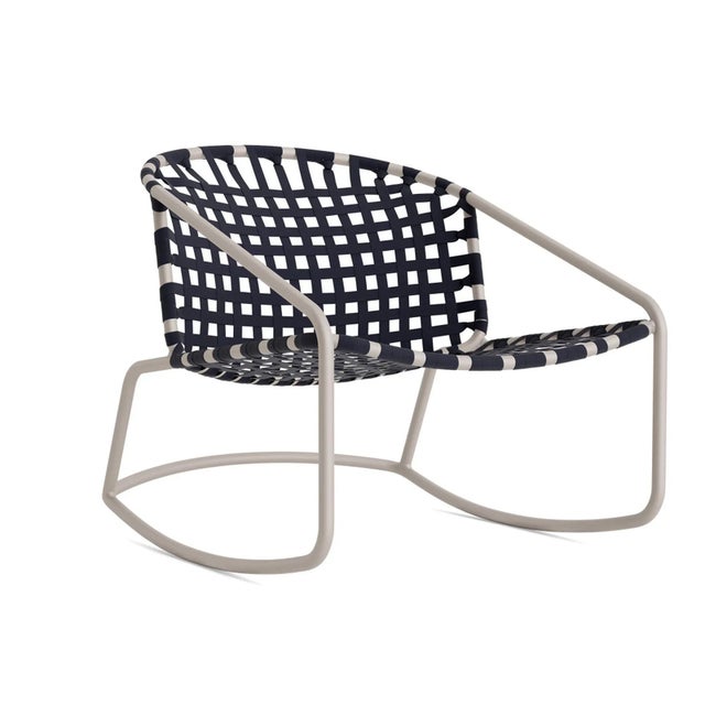 Brown Jordan Kantan Aluminum Suncloth Motion Lounge Chair, Dove frame with Marine fabric For Sale - Image 12 of 12